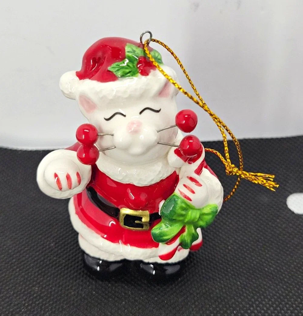Vintage 2002 Amy LaCombe WhimsiClay Santa Candy Cane Cat Christmas Ornament